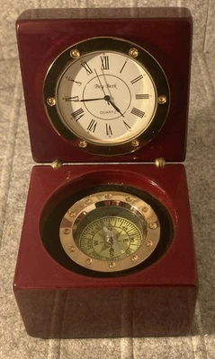 RELOJ NÁUTICO STANLEY LONDRES BRÚJULA DE LATÓN Y RELOJ LACADO CAJA DE SECUOYA BARCO Foto 1 de 4