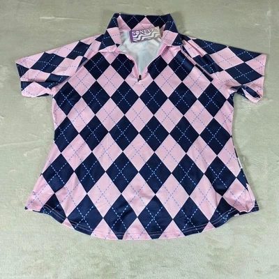 Camisa de golf para mujer Soneven rosa azul patrón de diamantes manga corta 1/4 cremallera XL Foto 1 de 4