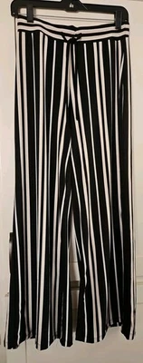 Pantalones Joan Vass NY Negro Blanco Tostado Rayas Tejidos S Fluidos Palazzo Poli Spandex  Foto 1 de 4
