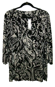 Chico's schwarz & weiß Paisley Blumen 3/4 Ärmel Tunika Top, Größe US L (12), Neu mit Etikett - Bild 1 von 6
