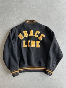 Vintage 1940s Varsity Jacket Black Oliver Bros Grace Line Philadelphia Wool - Picture 1 of 8