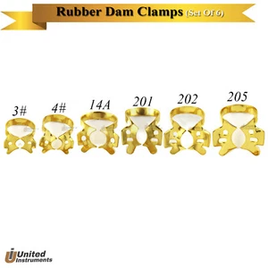 6Pcs Dental Winged Rubber Dam Clamps Large Upper Molars Lower Molar Gold Coated - Picture 1 of 8
