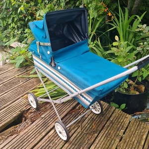 1960s/70s Vintage Dolls Pram Blue White Frame Folds Down Hood Cover Retro Prop - Picture 1 of 24