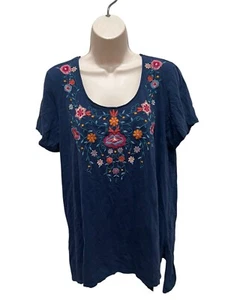 TERRE BLEUE Blue Floral Embroidered Sharkbite Hem Scoop Neck Tunic Top Size XL - Picture 1 of 5