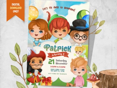 Peter Pan DIGITAL Invite + FREE Thank You Card, Peter Pan Party Card - YOU PRINT - Image 1 of 2