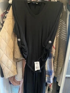 Women Black Dress With Belt 3/4 Sleeves - Picture 1 of 3