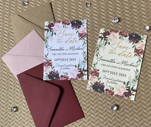 10 Luxus SAVE the DATE rot rosa burgunderfarbene Pfingstrosen Kranz HOCHZEIT Einladungskarten - Bild 1 von 6