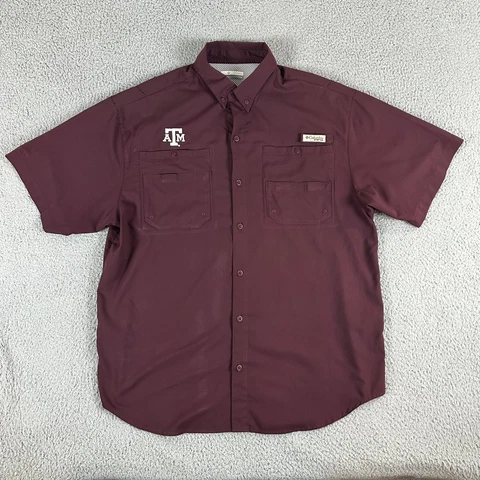 Texas A&M Aggies Shirt Men Large Red Polyester Short Sleeve Columbia PFG Fishing Cover