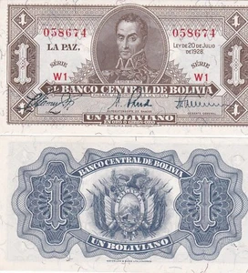 Bolivia 1 Boliviano 1928 P128 UNC Simón Bolívar - Imagen 1 de 1