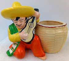 Mariachi Player Planter Pot Figurine Guitar Sombrero Orange Green Japan Vintage