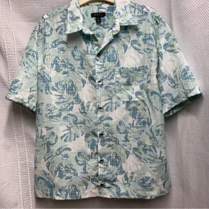 Van Heusen Hawaiian Blue and Green Leaf Print Shirt size Medium 15-15.5 - Picture 1 of 5