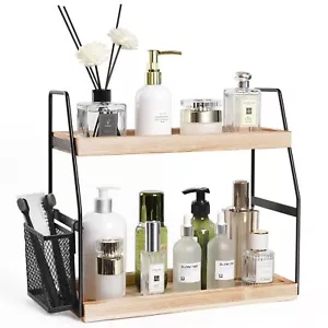 Bathroom Organizer Countertop 2tier Standing Counter Shelf With Basket Wood Tray - Picture 1 of 6