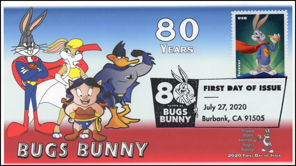 20-214, 2020, SC 5501, Bugs Bunny, First Day Cover, Pictorial Postmark, 80th Ann - Image 1 of 1