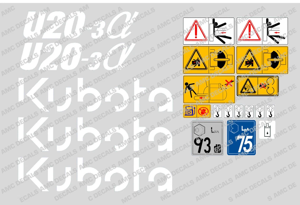 KUBOTA U20-3 Mini Bagger Komplettes Aufkleberset Mit Sicherheitshinweisschildern