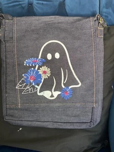 Crossbody Bag - Denim & Cotton - Boo flower Ghost on front 3 compartments - Picture 1 of 12