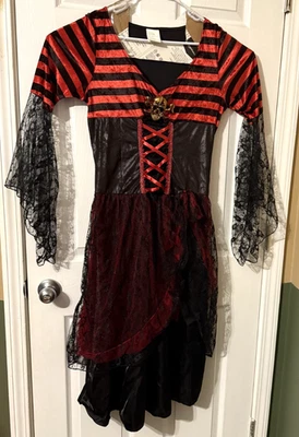 Vestido feminino pirata de renda gótico preto vermelho caveira ossos cruzados Halloween tamanho L 12-14 - Imagem 1 de 4