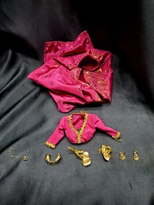 C4 TOP BARBIE PRINCESS OF INDIA PINK EVENING GOLDEN PINK PRINT SARI ACCESSORIES - Picture 1 of 12