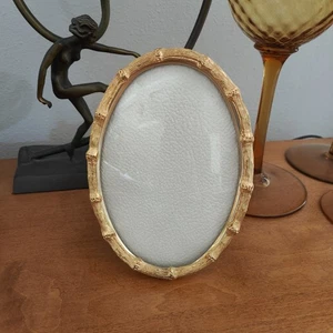 Vintage Hollywood Regency Gold Gilt Metal Faux Bamboo Oval Convex Photo Frame - Picture 1 of 9