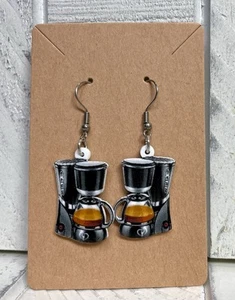 Coffee Machine Earrings 2” Acrylic Stainless Steel Hooks Barista Theme Jewelry - Picture 1 of 4