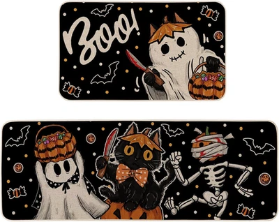 Juego de 2 alfombras de cocina Boo gato negro calabaza esqueleto decoración Halloween vacaciones Foto 1 de 4