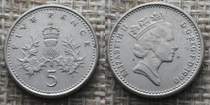 Coin Royaume-Uni - 1990 - 5 pence Elizabeth II 3e effigie (N0953) - Picture 1 of 3