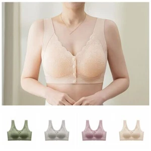 Gathering Bras Front Button Lace Flower Bra Seamless Widen Band Wireless Bras - Picture 1 of 39