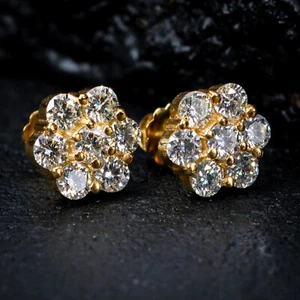Yellow Gold 925 Sterling Silver Large Flower Cluster Cz Stud Screw Back Earrings - Picture 1 of 5
