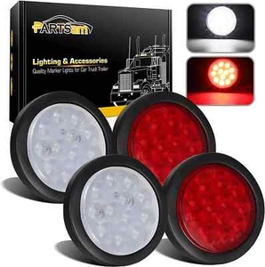 4 Fanali Posteriori Rotondi Led Stop Girare Rimorchio Camion Backup Retromarcia 2 Rosso + 2 Bianco - Foto 1 di 5
