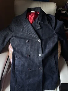 Vintage Esprit Denim Blazer Red Pinstripe Trench Pea Coat Large Medium 90s - Picture 1 of 17