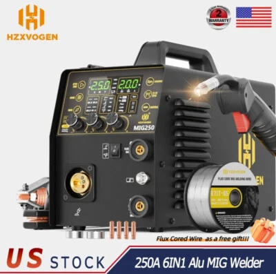 HZXVOGEN 250A Alu MIG Welder + Flux Cored Wire 6in1 Lift TIG Stick Dual Voltage MIG Spot