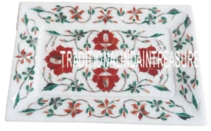 9"x6" White Marble Serving Tray Plate Carnelian Marquetry Art Pietradura Decor - Picture 1 of 4