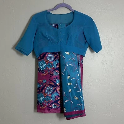 Conjunto Top Vestido Choli Sari Indio De Colección M Seda Turquesa Rosa Floral Borde Vibrante Foto 1 de 4