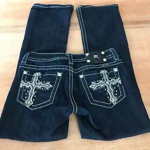 Miss Me Bootcut Jean Women 28 Blue Mid Rise Gothic Cross Rhinestone Thick Stitch - Picture 1 of 16