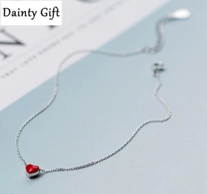Women / Girl 925 Sterling Silver Red Heart Love Chain  Anklet Bracelet 9-10.2" - Picture 1 of 5