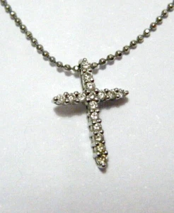 Colgante Cruz Pequeña Diamantes Oro Blanco 14k Vintage y Collar Cadena 16" Italia - Imagen 1 de 6