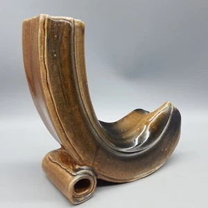 Extruded Studio Art Pottery Vase Marked Sculpture, Browns, Horn-Shape Ikebana 8" - Picture 1 of 7