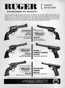 1956 Ruger Blackhawk Single Six Revolver & Mark I Target Original Print Ad - Bild 1 von 1