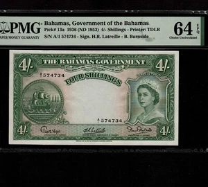 Bahamas 4 Shillings 1953 P-13a * PMG Unc 64 EPQ * Rare First Signature * - Picture 1 of 2