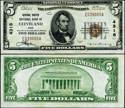 Cleveland OH-Ohio $5 1929 T-1 National Bank Note Ch #4318 Central United NB Choi - Image 1 of 3