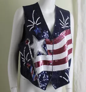 Quacker Factory Sz M Sequin Flag USA Patriotic Waistcoat Vest Snap Jacket Artsy - Picture 1 of 5