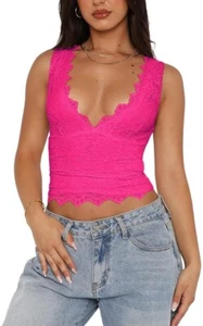 Trendy Lace Cropped Tank Top Sexy V-Neck Sleeveless Double Lined Going Out SM - Picture 1 of 7