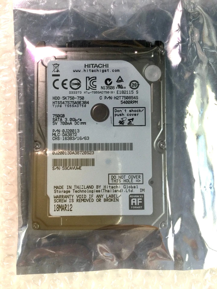 NEW!!! HITACHI 750GB Laptop HD HDD 2.5" 5400RPM SATA 3Gb/s 8MB Cache 5K750-750 - Image 1 of 1
