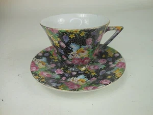 Tazza e piattino vintage chintz Giappone sfondo nero - Foto 1 di 8