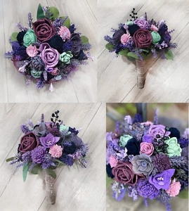 Wildflower Bridal Bouquet Purple Plum Lavender Sola Wood Flower Navy Bridesmaid - Picture 1 of 8