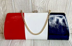VTG Mod Red, White & Blue Faux Leather Clutch Handbag Retractable Chain Handle