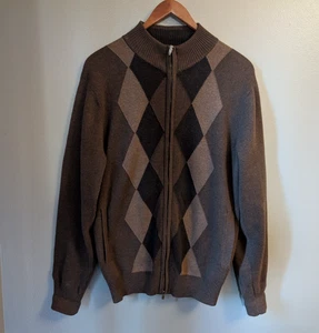 Consensus Men's Sweater Brown Argyle Full Zip 100% Cotton Size Medium - Picture 1 of 9