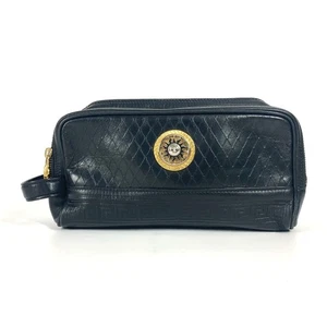 VERSACE vintage Sunburst Clutch bag with handle Leather Black - Picture 1 of 14