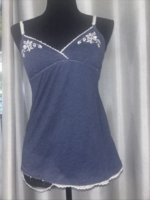 Hollister Y2K VTG Bella Swan Blue Embroidered Lace Ruffle Baby Doll Top S Womens - Image 1 of 4