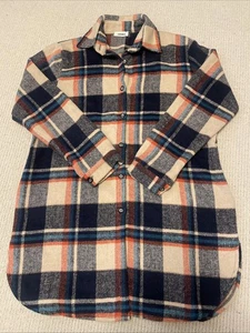 Adora Jacket Flannel Shirt Shacket Plaid Long Button Up Navy Beige Women’s M - Picture 1 of 5