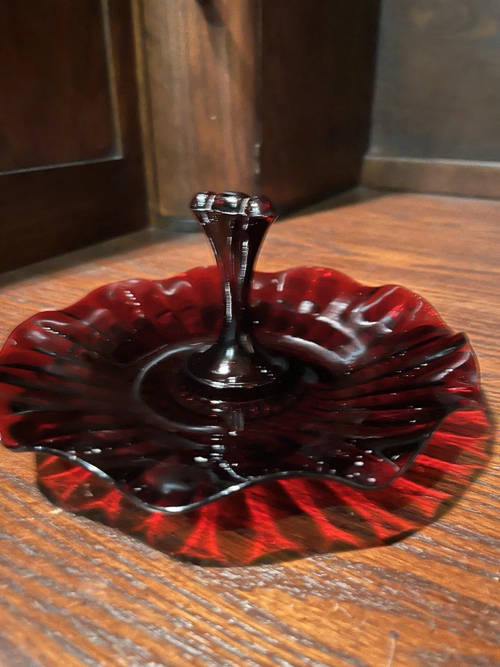 Vintage Anchor Hocking Glass Tidbit Tray Royal Ruby Red Center Handled Plate - Image 1 of 4
